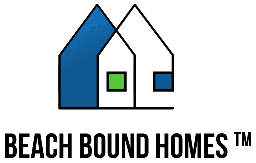 Abstract illustration of two overlapping house shapes, one blue and one white, with a green window on the blue house and a blue window on the white house.